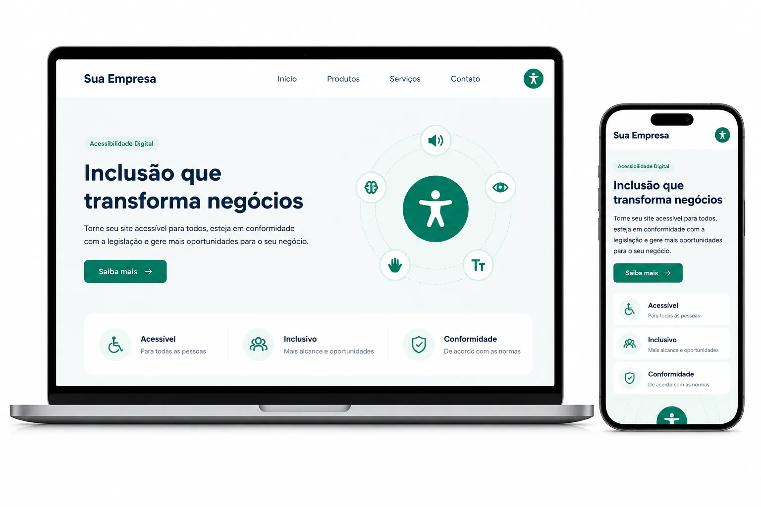 Site acessível exibido em notebook e celular, com botão de acessibilidade e recursos como leitura em voz, alto contraste, Libras e ajuste de texto.